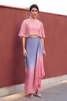 Grey to mauve pink ombre draped skirt with sequin embroidery. Paired with an embroidered cape and pink bustier. - Aza Fashions Fashion Composition, Pink Bustier, Pink Silk Blouse, Georgette Skirt, Lilac Pink, Vacuum Storage, Indian Wedding Wear, Georgette Blouse, Draped Skirt