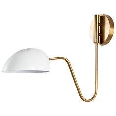 a wall light with a white shade on the side and a gold metal pole attached to it