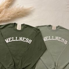 This Wellness Crewneck Sweatshirt is the perfect gift for health and wellness lovers!  - They need to be purchased individually (it's not sold as a set) - Sweatshirt material is super soft and comfy! ♡ - All our sweatshirts run a UNISEX fit. (Both for men and women) They are naturally oversized, so we normally recommend your true size. But if you like a more baggy look, we recommend sizing up. - These letters are iron-on patched and is heat pressed, not embroidered. - Please note that crewneck b Comfortable Cotton Sweatshirt For Relaxation, Cotton Athleisure Sweatshirt For Relaxation, Cozy Cotton Sweatshirt For Relaxation, Crew Neck Cotton Sweatshirt For Relaxation, Cotton Crew Neck Sweatshirt For Relaxation, Wellness Sweatshirt, Esthetician Apparel, Green Branding, Quote Tshirts