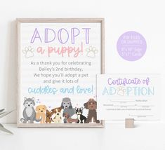 a dog themed birthday party sign and greeting card