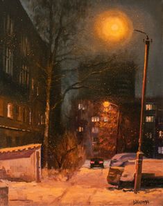 an oil painting of a city street at night with cars parked on the side of the road