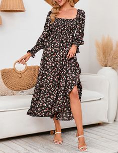 Black Square Neck Chiffon Long Sleeve Floral Dress Sequin Midi Dress, Sleeveless Long Dress, Dress Chiffon, Pregnancy Maxi Dress, Skirt Long, Chiffon Long Sleeve, Black Long Sleeve Dress, Long Sleeve Floral Dress, Winter Clothing