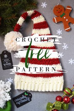 a knitted christmas hat with the words crochet free pattern next to it