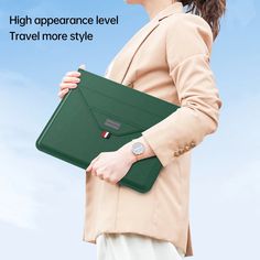 a woman holding a green laptop computer case in her right hand with the words high appearance level travel more style