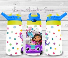 two children's personalized water bottles with characters on them and the same design