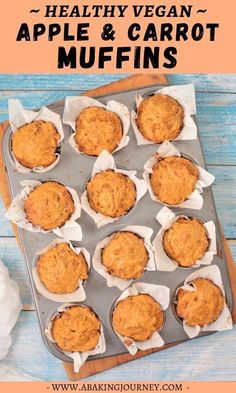 healthy vegan apple and carrot muffins on a baking sheet with text overlay