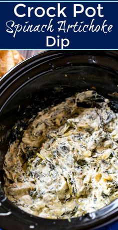 crock pot spinach artichoke dip in a slow cooker with text overlay