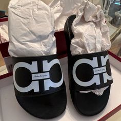 Brand New, Never Worn, Includes Box, Bag And Receipt Designer Black Sandals With Rubber Sole, Classic Black Sandals For Vacation, Designer Black Slip-on Sandals, Black Designer Slip-on Sandals, Gold Slippers, White Pump, Uniqlo Bags, Vintage Chanel Handbags, Salvatore Ferragamo Men