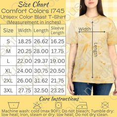 a woman wearing a yellow shirt with measurements