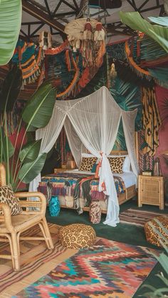 a bedroom with an animal print rug and canopy bed in the middle, surrounded by palm leaves