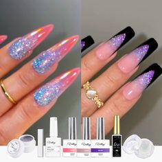 ig-nail-trend-set-holo-diamond-premium French Glitter Nails, Cat Eye Manicure, French Cat Eye, Mermaid Nail Powder, Eye Manicure, Glitter Nail Designs, French Cat, Builder Gel Nails, Nail Designs Tutorial