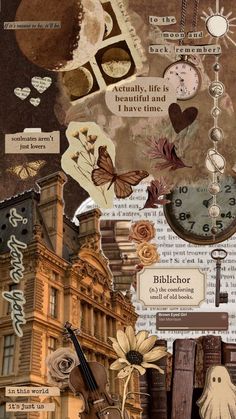 an altered collage with many different things on it's side, including a clock and other items