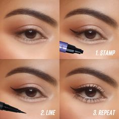 A double-ended wing stamp and liquid pen liner that is smudge-proof, long-lasting, and waterproof, giving you a super easy winged eyeliner every time. This easy-to-use wing stamp + liquid liner pen is available in an ultra-long stamp or original stamp set to get your best-winged eyeliner! Use Wink Stamp Original to create a classic eyeliner look or Wink Stamp Long for a dramatic eye look. This set is long-wearing, smudge-proof, and waterproof, ensuring your eyeliner will always look stunning and Liquid Eyeliner Styles, Wink Eyeliner, Wet Eyeliner, Korean Makeup Brands, Wing Eyeliner, Classic Eyeliner, Easy Winged Eyeliner, Eyeliner Application, Eyeliner Techniques