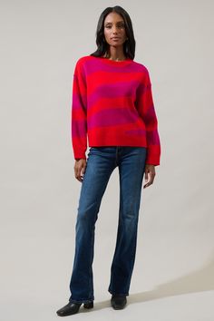 Your cold weather 'fits just wouldn't be complete without the Bonny Zebra Striped Oversized Sweater. A zebra-inspired pattern throughout a shapes this cozy sweater that features a crew neckline and a dropped shoulders with long sleeves. Looks great paired with high-waisted jeans and paired with ankle boots!- Round neck- Ribbed- Relaxed fit- Long sleeves- Color: Red PinkSize + Fit - Model is 5'10" and wearing size XS- Measurements taken from size S - Chest: 21 1/2"- Length: 22 1/2" Fabric Self: 1 Striped Oversized Sweater, Oversized Striped Sweater, Cozy Sweater, Oversized Sweater, Cozy Sweaters, Red Sweaters, High Waist Jeans, Crew Neck Sweater, Crew Neckline