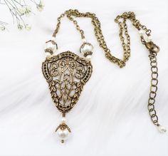 Victorian Necklace, Brass Filigree and Cream Pearl Jewelry, Art Nouveau Jewelry, Renaissance Costume Jewelry, Tudor Baroque Necklace by hhjewelrydesigns on Etsy Baroque Necklace, Victorian Style Jewelry, Victorian Necklace, Antique Filigree, Nouveau Jewelry, Brass Filigree, Art Nouveau Jewelry, Pearl Cream, Vintage Tools