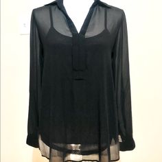 Nwt! Brand New And Flawless!! Stunning Renuar Black “Air Flow” High Low Sheer Tunic Length Blouse With Attached Satiny Camisole, Which Adds A Beautiful Sheen. Pleated Back And Roll Tan Sleeves For Full Or Half Length Wear. So Soft And Comfortable Yet Flattering For Any Shape. Size Small Is Oversized And Can Easily Accommodate A Medium. From Renuar, A Boutique-Only Brand From Canada. Sheer Casual Blouse For Night Out, Casual Sheer Blouse For Night Out, Sheer Black Blouse For Layering, Tunic Length, High & Low, High Low, Womens Tops, Size Small, Boutique