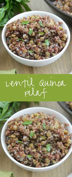 lentil quinoa salad in a white bowl on top of a wooden table