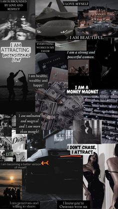 a collage of black and white images with words