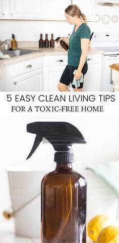 a woman is cleaning her kitchen with a spray bottle and lemons on the counter