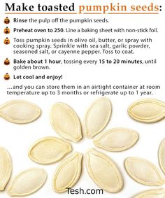 the instructions for pumpkin seed seeds are shown in this poster, which shows how to make toasted pumpkin seeds