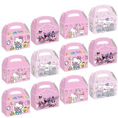 hello kitty birthday party supplies are shown in pink and white striped boxes with cartoon characters on them