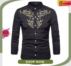 Men's Shirt Floral Graphic Prints Stand Collar Black White Wine Navy Blue Outdoor Street Long Sleeve Embroidered Button-down Clothing Apparel Fashion Designer Casual Soft Embroidery Shirt Men, Long Sleeves Shirts, Stand Collar Shirt, Royal Style, Hip Hip, African Men Fashion, Cotton Poplin Shirt, Shirt Embroidery, African Men