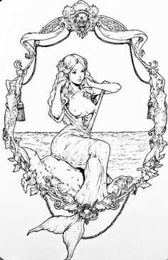 a drawing of a woman sitting on top of a boat in the ocean with her hands behind her head