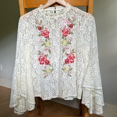 Gorgeous Top With Boho Free People Vibes. See Pics For Details. Cheap Festive Blouse With Intricate Embroidery, Summer Floral Embroidered Long Sleeve Lace Top, Summer Long Sleeve Lace Top With Floral Embroidery, Lace Tops With Floral Embroidery For Brunch, Bohemian Embroidered Lace Top For Spring, Spring Bohemian Lace Embroidered Top, Spring Lace Top With Lace Work For Brunch, Spring Lace Blouse With Floral Embroidery, Feminine Fitted Embroidered Lace Top