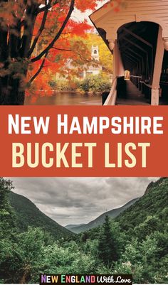 the new hampshire bucket list is shown in red and white, with trees on either side