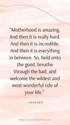 a pink watercolor background with the quote motherhood is amazing and then it is really hard