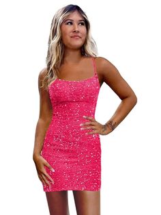 PRICES MAY VARY. Hand Wash Only Fabric:sequin dress sparkly Neckline: Scoop Neck neck homecoming dress Silhouette: bodycon dress Feature: shiny bodycon short homecoming dress is made up sparkly sequin fabric, spaghetti straps, lace up, backless, corset dress,stretchy Back: Lace up back Occassion: sequin homecoming dress is perfect as homecoming dress, cocktail dress, short prom dress, tight formal dress evening gown, club night dress, wedding guest dress, evening party dress, birthday party dres Hot Pink Sparkly Dress Short, Semi Formal Dresses Pink, Pink Glitter Dresses, Short Dance Dress, Bright Pink Hoco Dress, Valentines Dance Dresses Middle School, 8th Grade Formal Dresses Short, Hot Pink Sparkly Dress, Pink Prom Dress Short