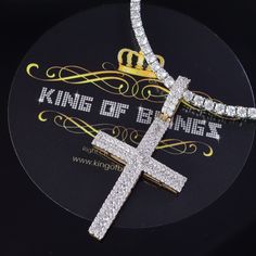 Yellow 925 Sterling Silver Cross Pendant with 2.00ct Cubic Zirconia Stone KING OF BLINGS Diamond Cross Necklace Iced Out, Iced Out Cubic Zirconia Cross Pendant Necklace, Iced Out Cross Necklace With Cubic Zirconia, White Iced Out Cross Necklaces, White Iced Out Cross Necklace, April Gemstone, Sterling Silver Cross Pendant, Silver Cross Pendant, Mens Chain Necklace