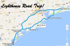 a map with the words lighthouse road trip on it and a blue line in front