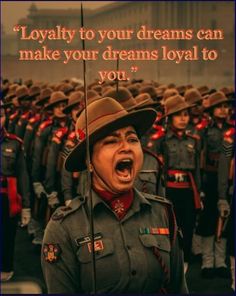 a woman in uniform is screaming with her mouth wide open and the caption reads,'royalty to your dreams can make your dreams loyal to you