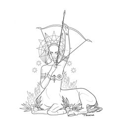 a drawing of a woman sitting on the ground with an umbrella over her head, holding a deer