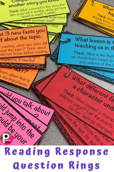 colorful reading response cards with text that reads, what is the topic? and how do you