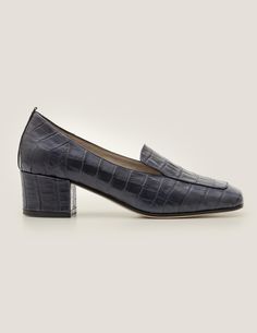 Carina Heeled Loafers - Navy Croc Heel Loafers, Block Heel Loafers, Boden Uk, Heeled Loafers, British Style, Shoes Heels Boots, Boot Shoes Women, Embossed Leather, Leather Heels