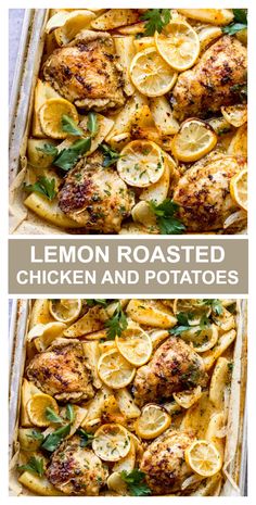 lemon roasted chicken and potatoes in a casserole dish