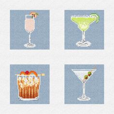 four cross stitch pictures with different drinks in them