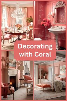 a collage of photos with pink walls and furniture in the middle, including a fireplace