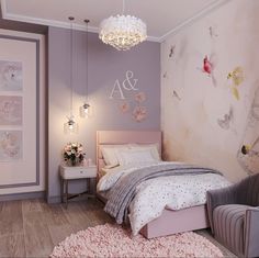 a bedroom decorated in pastel tones with pink accents and flowers on the wall, along with a chandelier