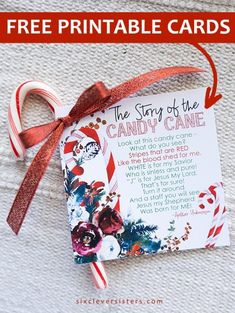 a candy cane is tied to a card with the words, free printable cards