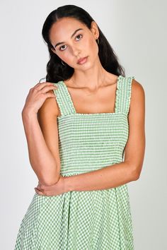 Green and white gingham ruched bodice dress Picnic Gingham Dress With Ruffles, Spring Smocked Ruched Dress With Square Neck, Gingham Dresses With Ruffles For Picnic, Spring Smocked Dress With Ruched Square Neck, Gingham Dress With Ruffles For Picnic, Spring Square Neck Smocked Dress With Ruched Detail, Picnic Mini Dress With Smocked Bodice, Picnic Mini Length Dress With Smocked Bodice, Mini Length Smocked Bodice Dress For Picnic