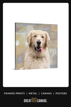 a painting of a golden retriever dog with his tongue hanging out, in front of a white background