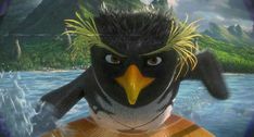 the angry bird is riding on top of a surfboard