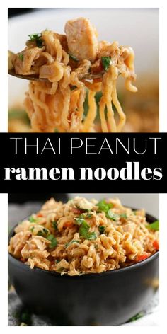 two pictures with different types of food in them and the words, thai peanut ramen noodles