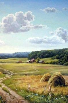 an oil painting of a rural landscape with hay bales and houses in the distance