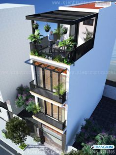 an artist's rendering of a two story building with balconies and plants on the balcony