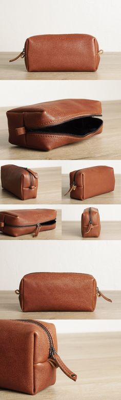 four different views of the inside of a brown leather case with zippers and handles