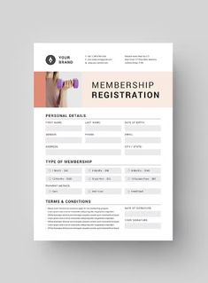 a white and pink registration form with the words,'member registration'on it